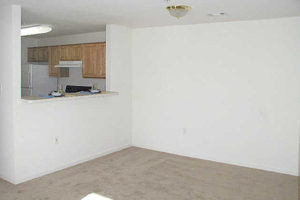Carpeted living area with cutout in wall viewing the kitchen