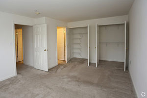 Carpeted bedroom with two closets opened up to show shelving