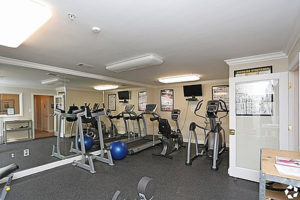 Gym with several workout machines, a mirrored wall, TV mounted on back wall